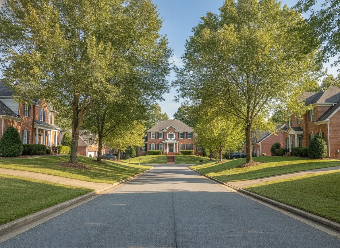 Brick two-story homes on a tree-lined, hilly Birmingham-area street