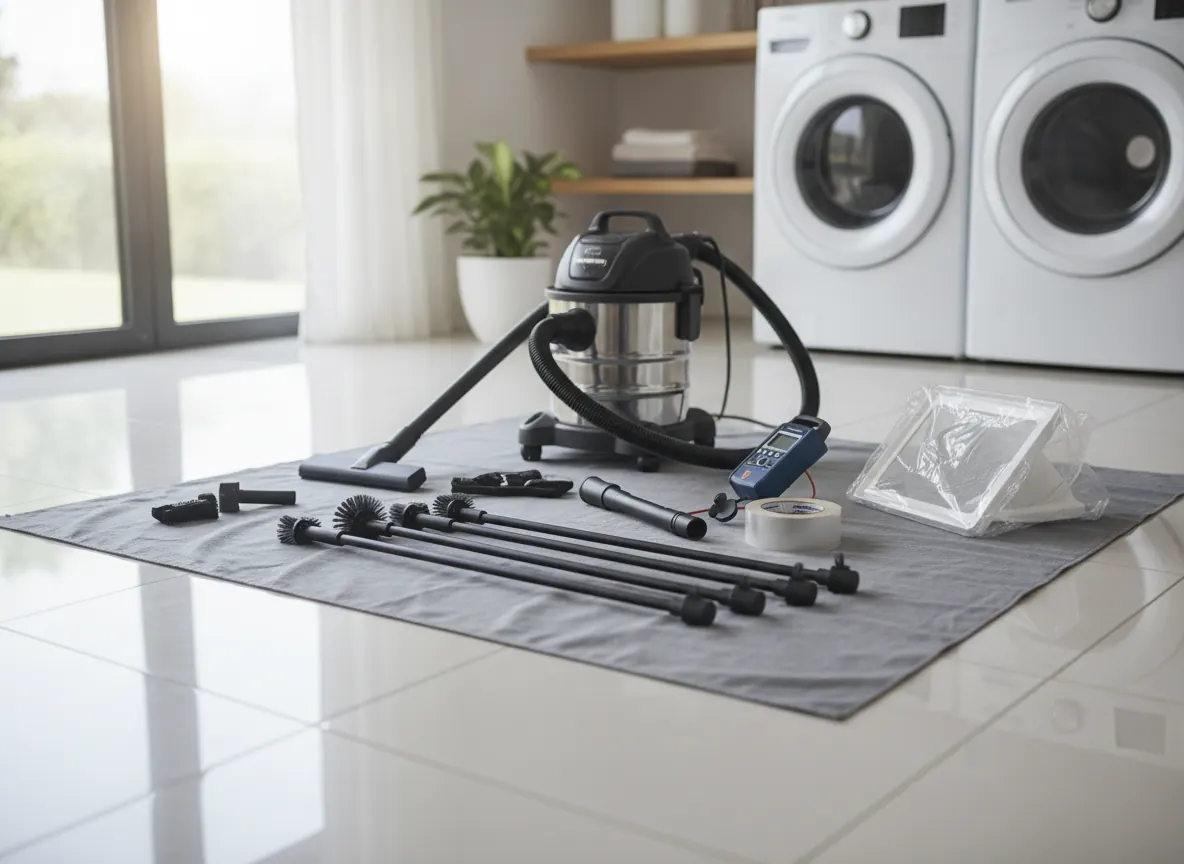 Dryer vent cleaning tools laid out on a drop cloth
