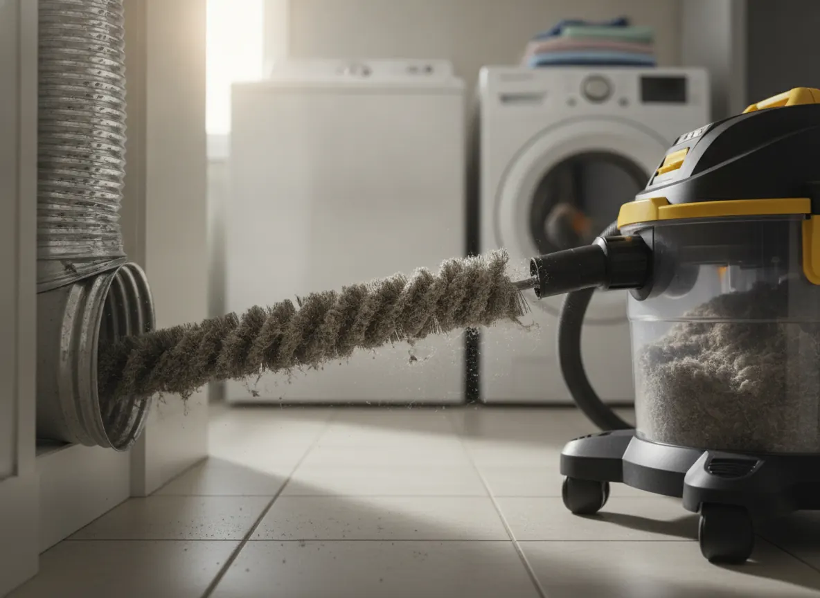 Rotary brush pulling lint out of a dryer vent into a vacuum